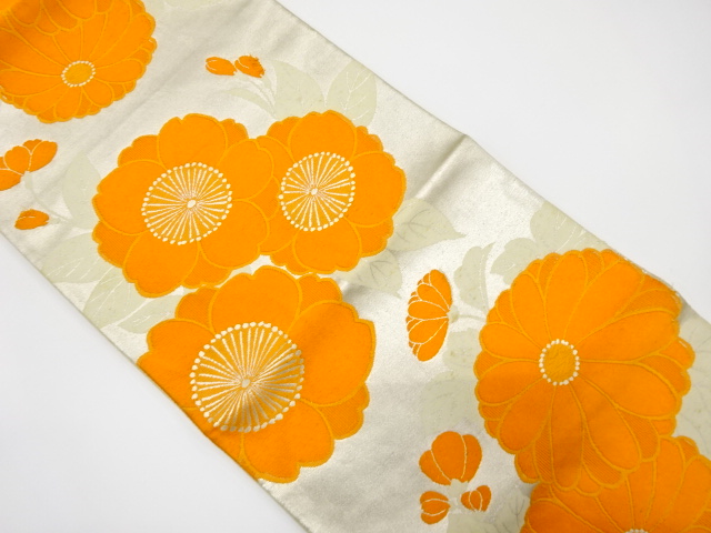 JAPANESE KIMONO / ANTIQUE FUKURO OBI / SILK / WOVEN SAKURA & KIKU